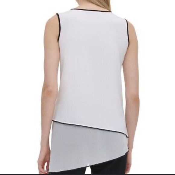 Calvin Klein NWT Assymetrical White Black Sleeveless Chiffon Blouse Size Medium - Picture 2 of 16